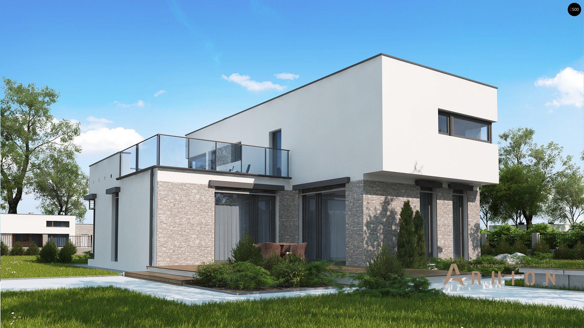 2. Проект двухэтажного дома в стиле минимализм с плоской кровлей , Zx46 GL2, площадью - 250 кв c терассой, балконом, гаражом